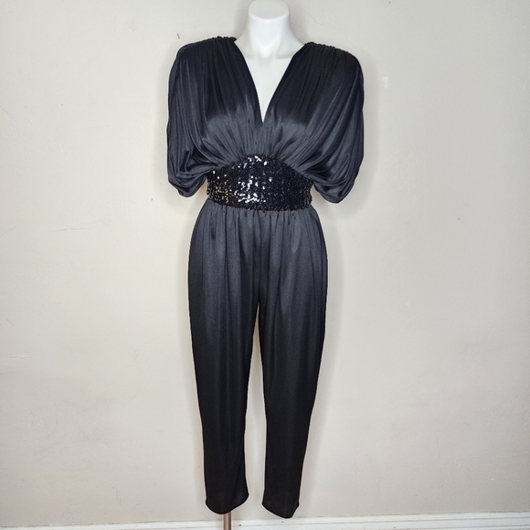 RARE and Amazing 80's Vintage Disco Glam Black Sequin Jumpsuit - Picture 4 of 14